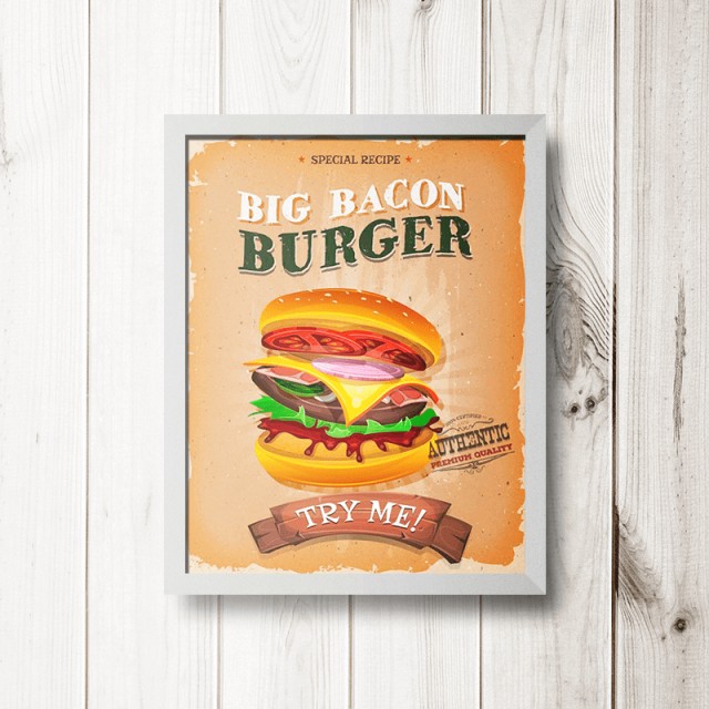 Placa Big Bacon Burger 30cm X 40cm Com Moldura Branca