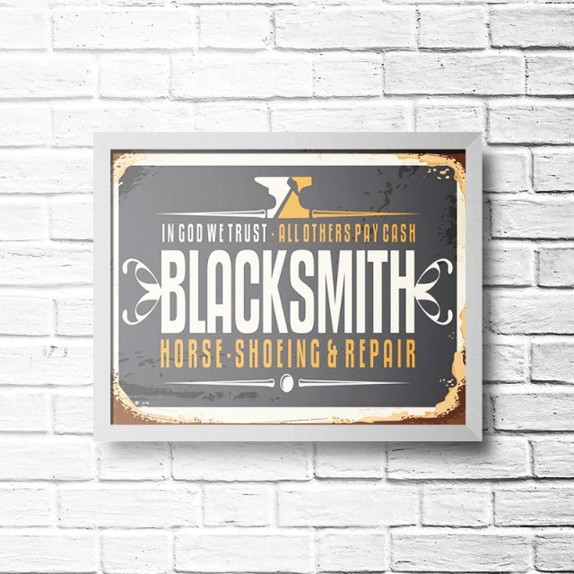 Placa Black Smith Shoeing E Repair 30cm X 40cm Com Moldura Branca