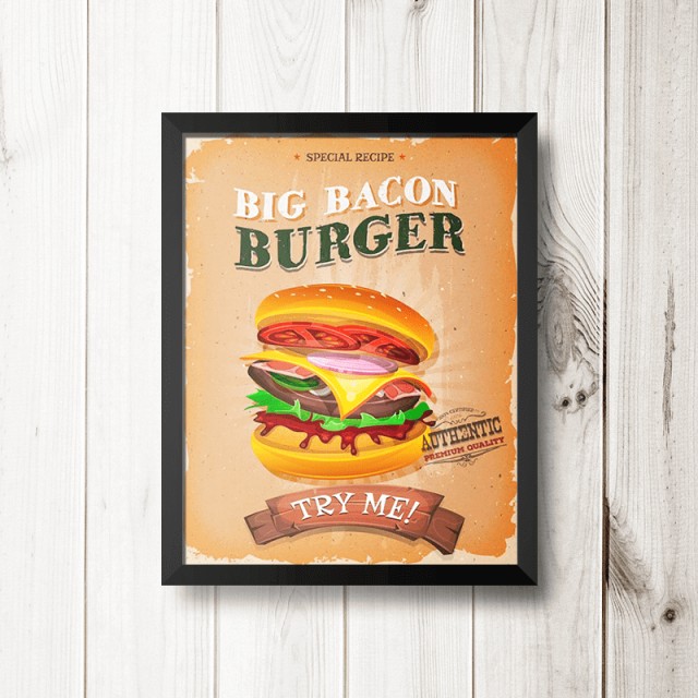 Placa Big Bacon Burger 30cm X 40cm Com Moldura Preta
