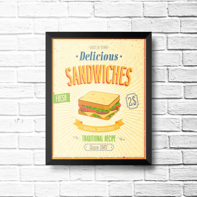 Placa Delicious Sandwiches 30cm X 40cm Com Moldura Preta