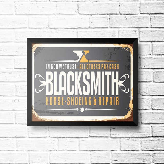 Placa Black Smith Shoeing E Repair 30cm X 40cm Com Moldura Preta