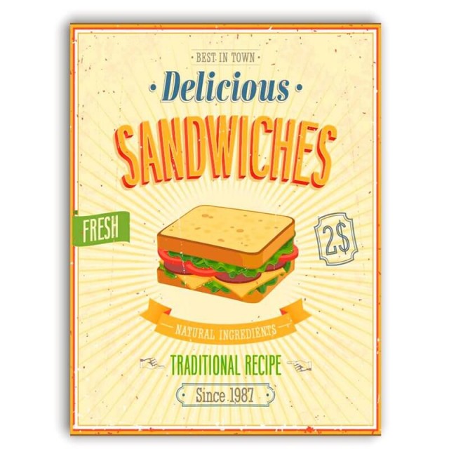 Placa Delicious Sandwiches 30cm X 40cm